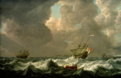 Dutch Merchant Ships in Stormy Sea before a Fort by Simon de Vlieger